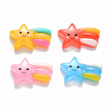 Resin Cabochons, with Glitter Powder, Shooting Star with Smiling Face, Mixed Color, 23~24x15x6mm