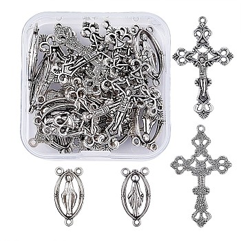 Rosary Cross and Center Sets for Rosary Bead Necklace Making, Alloy Crucifix Cross Pendants and Virgin Links, For Easter, Antique Silver, Links: 13x25x3mm, Hole: 2mm, Cross: 26x43.5x3mm, Hole: 2mm