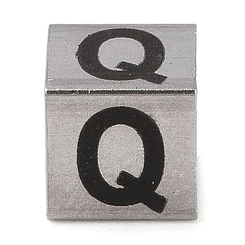 Tarnish Resistant 201 Stainless Steel European Beads, Large Hole Beads, Cube with English Letter, Stainless Steel Color, Letter Q, 7x7x7mm, Hole: 5mm