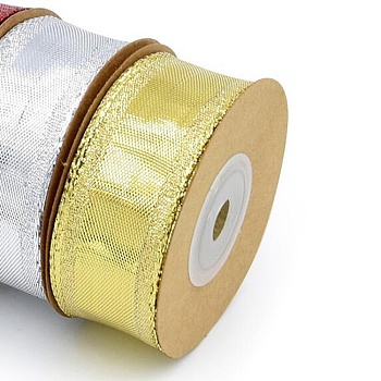 Sparkle Polyester Glitter Power Ribbons, Double Edges with Iron Wires, for Christmas Decoration, Gold, 1 inch(25mm), 10 yards/roll