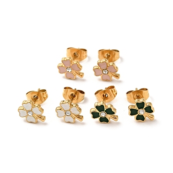 Enamel Clover with Crystal Rhinestone Stud Earrings with 316 Surgical Stainless Steel Pins, Gold Plated 304 Stainless Steel Jewelry for Women, Mixed Color, 8.5x7mm, Pin: 0.8mm