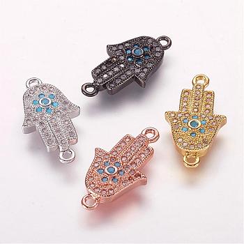 Brass Micro Pave Cubic Zirconia Links, Hamsa Hand/Hand of Fatima/Hand of Miriam, Mixed Color, 18x10x3mm, Hole: 1mm