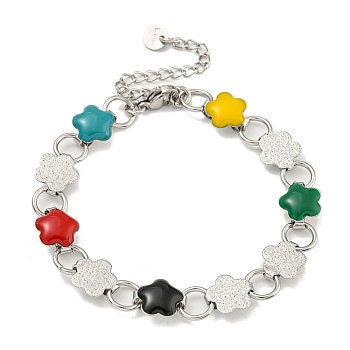 304 Stainless Steel Enamel Flower Link Chain Bracelets with Glitter Powder, Stainless Steel Color, Colorful, 6-7/8 inch(17.5cm)