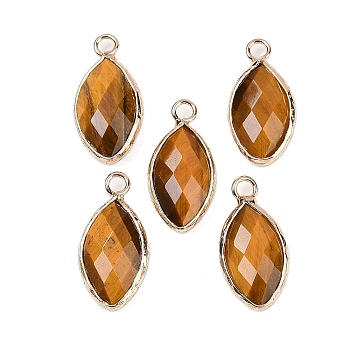 Natural Tiger Eye Faceted Pendants, Brass Horse Eye Charms, Golden, 22.5x10.5x5~5.5mm, Hole: 2mm