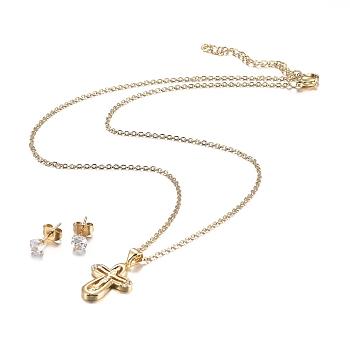 Easter 304 Stainless Steel Rhinestone Jewelry Sets, Crucifix Cross Pendant Necklaces and Stud Earrings, Cable Chains, Lobster Claw Clasps and Ear Nuts, Crystal, Golden, 18.11 inch(46cm), 15x5.5mm, Pin: 0.7mm
