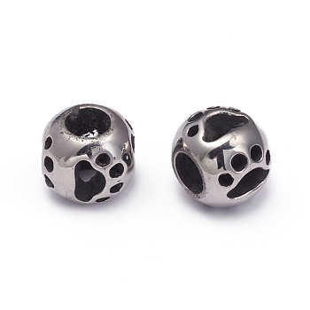 304 Stainless Steel European Beads, Large Hole Beads, Rondelle with Hollow Dog Footprints, Antique Silver, 10x11.5mm, Hole: 5.5mm