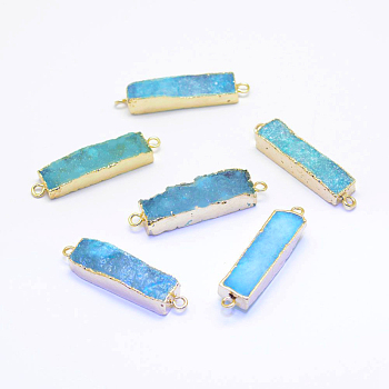 Electroplated Natural Druzy Agate Links/Connectors, Golden, Rectangle, Light Sky Blue, 30~45x8~9x4.5~7.5mm, Hole: 2mm