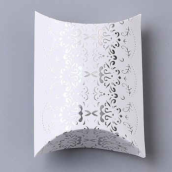 Paper Pillow Candy Boxes, for Wedding Favors Baby Shower Birthday Party Supplies, Rectangle, Silver, Floral Pattern, Fold: 9.1x6.3x2.65cm, Unfold: 11.3x6.9x0.1cm
