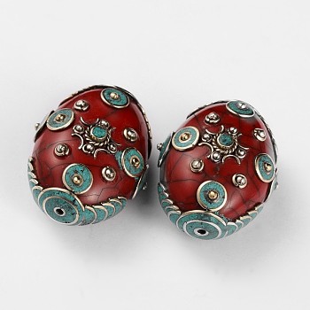 Tibetan Style Oval Beads, with Resin Imitation Beeswax, Synthetic Turquoise and Antique Silver Brass Findings, Dark Red, 41.5x34x23mm, Hole: 2mm