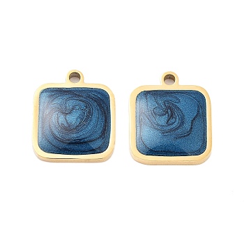 Ion Plating(IP) 304 Stainless Steel Enamel Charms, Square Charm, Marine Blue, Golden, 13x11x2mm, Hole: 1.2mm