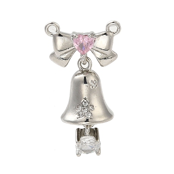 Brass Pendants, with Glass Rhinestone, Christmas Bell Charm, Real Platinum Plated, 28x15x11mm, Hole: 1.4mm
