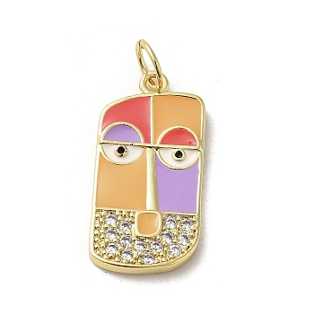 Brass Micro Pave Cubic Zirconia Pendants, with Enamel, with Jump Ring, Real 18K Gold Plated, Abstract Face, Orange, 23.5x11.5x2mm, Hole: 3mm