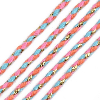 Tri-color Polyester Braided Cords, with Gold Metallic Thread, for Braided Jewelry Friendship Bracelet Making, Hot Pink, 2mm, about 100yard/bundle(91.44m/bundle)