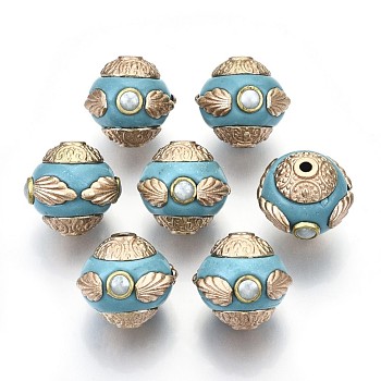 Handmade Indonesia Beads, with Metal Findings, Round, Light Gold, Dark Turquoise, 15~16x13.5~15mm, Hole: 1.6mm