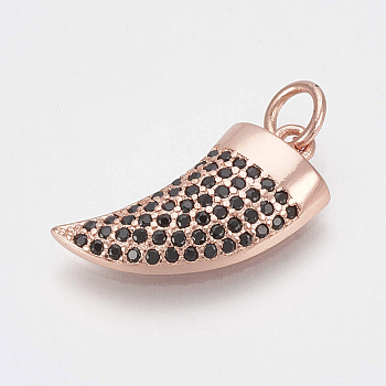 Brass Micro Pave Cubic Zirconia Pendants, with Jump Rings, Ox Horn, Black, Rose Gold, 17x9x3mm, Hole: 3mm