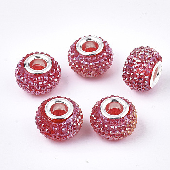 Resin Rhinestone European Beads, Large Hole Beads, with Platinum Tone Brass Double Cores, AB Color, Rondelle, Berry Beads, Red, 14x10mm, Hole: 5mm