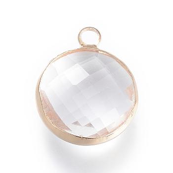 Glass Pendants, with Brass Findings, Faceted, Flat Round, Clear, 9.5x6.5x2.5mm, Hole: 2mm