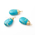 Dyed Natural Regalite/Imperial Jasper/Sea Sediment Jasper Pendants, Impression Jasper with Real 18K Gold Plated Eco-Friendly Copper Wire, Teardrop, 38x20x10mm, Hole: 2.5~3mm(PALLOY-JF00881)