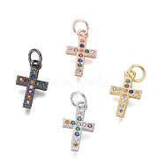 Brass Micro Pave Cubic Zirconia Tiny Cross Charms, with Jump Rings, Colorful, Mixed Color, 14x8.5x1.5mm, Hole: 3mm(ZIRC-I032-64)