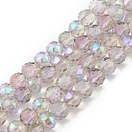 Transparent Electroplate Glass Beads Strands, Faceted, Round, Half Rainbow Plated, Lilac, 9~10x9~9.5mm, Hole: 1.4mm, about 54~60pcs/strand, 18.90~21.65 inch(48~55cm)(EGLA-F154-HR03)