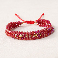 Bohemian Style Glass Beaded Braided Bead Bracelets, Multi-strand Layed Bracelets for Women, Faceted, Medium Violet Red(IT8808-6)