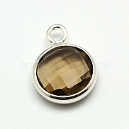 Silver Color Plated Brass Glass Flat Round Charms, Faceted, Tan, 12x8.5x3mm, Hole: 1.5mm(GLAA-M003-A-07S)