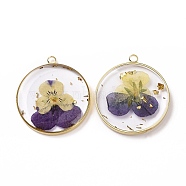 Transparent Clear Epoxy Resin Pendants, with Edge Golden Plated Brass Loops and Gold Foil, Flat Round Charms with Inner Flower, Indigo, 33.8x30x4mm, Hole: 2.5mm(RESI-L036-12G-07)
