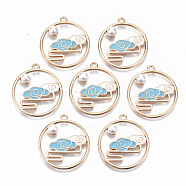 Chinese Style Alloy Pendants, with Enamel and ABS Plastic Imitation Pearl, Flat Round with Cloud, Cadmium Free & Lead Free, Light Gold, Light Sky Blue, 29.5x26.5x6mm, Hole: 1.6mm(X-RESI-R431-04A-RS)