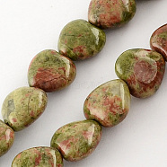 Natural Unakite Bead Strands, Heart, Olive Drab, 10x10x5mm, Hole: 1mm, about 40pcs/strand, 15.3 inch(G-R190-05)