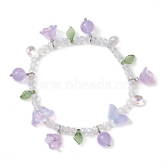 Dyed Natural Malaysia Jade & Glass Beaded Stretch Bracelet with Flower Charms, Inner Diameter: 2-3/8 inch(6.1cm)(BJEW-JB10176-01)