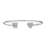 Anti-Tarnish Heart & Letter Rhodium Plated 925 Sterling Silver Micro Pave Cubic Zirconia Cuff Bangles for Women, Letter W, 0.2~0.8cm, Inner Diameter: 1-7/8x2-1/4 inch(4.85x5.65cm)(BJEW-C062-01W-P)