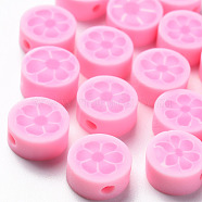 Handmade Polymer Clay Beads, Flat Round with Flower, Pink, 9~10x4~5mm, Hole: 1.4mm(CLAY-T020-14F)