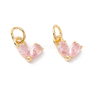 Rack Plating Brass Cubic Zirconia Charms, with Jump Ring, Cadmium Free & Lead Free, Real 18K Gold Plated, Heart, Pink, 8x7x3mm, Jump Ring: 5x1mm,  3.5mm Inner Diameter(KK-I684-04G-05-RS)