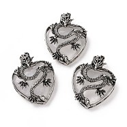 Natural Quartz Crystal Pendants, Heart Charms, with Rack Plating Antique Silver Tone Alloy Dragon Findings, 41~41.5x31.5~32x11.5mm, Hole: 6.5x8.5mm(G-A207-04AS-10)