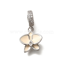 Brass Clear Cubic Zirconia Flower European Dangle Charms, Large Hole Pendants with Enamel, Cadmium Free & Lead Free, Long-Lasting Plated, Rack Plating, Platinum, PapayaWhip, 24.5mm, Hole: 4.5mm(KK-M313-38P-01)