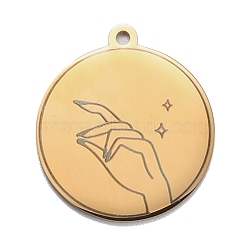 304 Stainless Steel Pendants, Flat Round with Hand and Star, Golden, 28x25x1.4mm, Hole: 2mm(STAS-C032-10G)