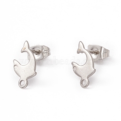 Non-Tarnish 201 Stainless Steel Stud Earring Findings, with 304 Stainless Steel Pins, Horizontal Loops and Ear Nuts, Dolphin, Stainless Steel Color, 13x8mm, Hole: 1.4mm, Pin: 0.8mm(EJEW-A071-26P)