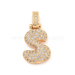 Brass Micro Pave Clear Cubic Zirconia Pendants, Real 18K Gold Plated, Letter S, 31x16x5mm, Hole: 3x6mm(KK-B099-01G-S)