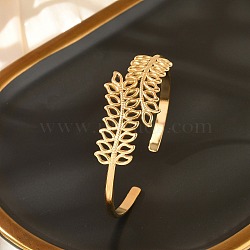 304 Stainless Steel Cuff Bangles for Women, Real 18K Gold Plated, Leaf, 7/8 inch(2.1cm), Inner Diameter: 2-1/8 inch(5.5cm)(BJEW-B120-05G-01)