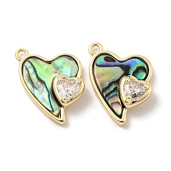 Natural Paua Shell Pendants, Brass Pave Clear Glass Heart Charms, Real 18K Gold Plated, 16.5x12x5mm, Hole: 1.2mm(KK-L211-010G-01)