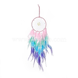 Iron Woven Web/Net with Feather Pendant Decorations, with Acrylic Beads, Covered with Leather Cord, Flat Round, Colorful, 605mm(AJEW-B017-02)