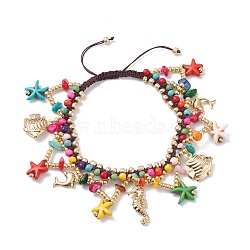 Ocean Animal Theme Braided Anklet, Synthetic Turquoise & Natural Chip Shell & Glass Beads Anklet, Starfish & Finsh & Dolphin Drop Charm Anklet for Women, Colorful, Inner Diameter: 2-1/4~3.62 inch(5.8~9.2cm)(AJEW-AN00457)