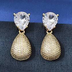 Brass Clear Cubic Zirconia Dangle Stud Earrings, Teardrop, Golden, 32x13mm(EJEW-A162-04G)