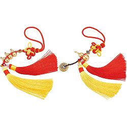 SUPERFINDINGS 2Pcs 2 Style Polyester Tassel & Chinese Knot Pendant, with Gourd & Brass Lucky Coins, for KeyChain and Car Good Luck Decor, Mixed Color, 1pc/style(AJEW-FH0002-28)