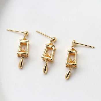 Brass Lantern Dangle Stud Earrings for Women, Golden, 27x7mm