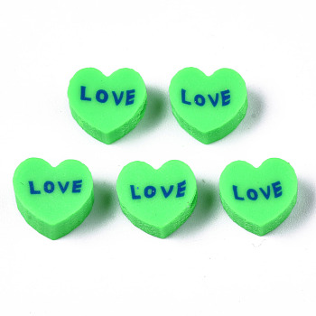 Handmade Polymer Clay Beads, Heart with Word Love, Spring Green, 8~8.5x9~9.5x4.5mm, Hole: 1.8mm