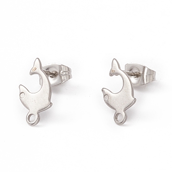 Non-Tarnish 201 Stainless Steel Stud Earring Findings, with 304 Stainless Steel Pins, Horizontal Loops and Ear Nuts, Dolphin, Stainless Steel Color, 13x8mm, Hole: 1.4mm, Pin: 0.8mm