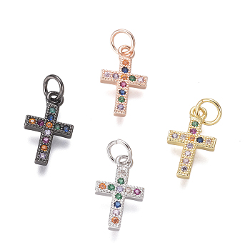 Brass Micro Pave Cubic Zirconia Tiny Cross Charms, with Jump Rings, Colorful, Mixed Color, 14x8.5x1.5mm, Hole: 3mm