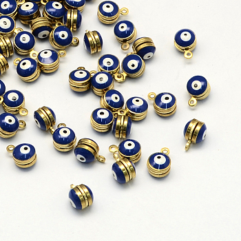Golden Tone Brass Enamel Charms, Round with Evil Eye, Blue, 10x7x6.5mm, Hole: 1mm