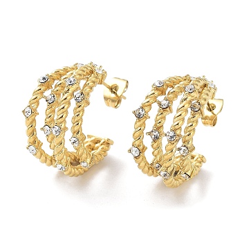 Real 18K Gold Plated 304 Stainless Steel Stud Earrings with Rhinestone, Split Earrings, Half Hoop Earrings, Crystal, 22x10.5mm